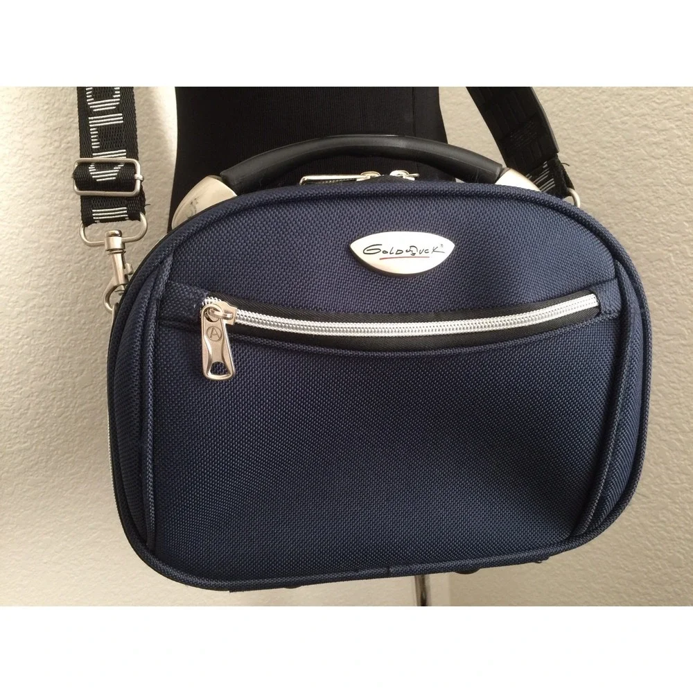 cosmetic make up carry on luggage train case Gold Duck Blue handle strap